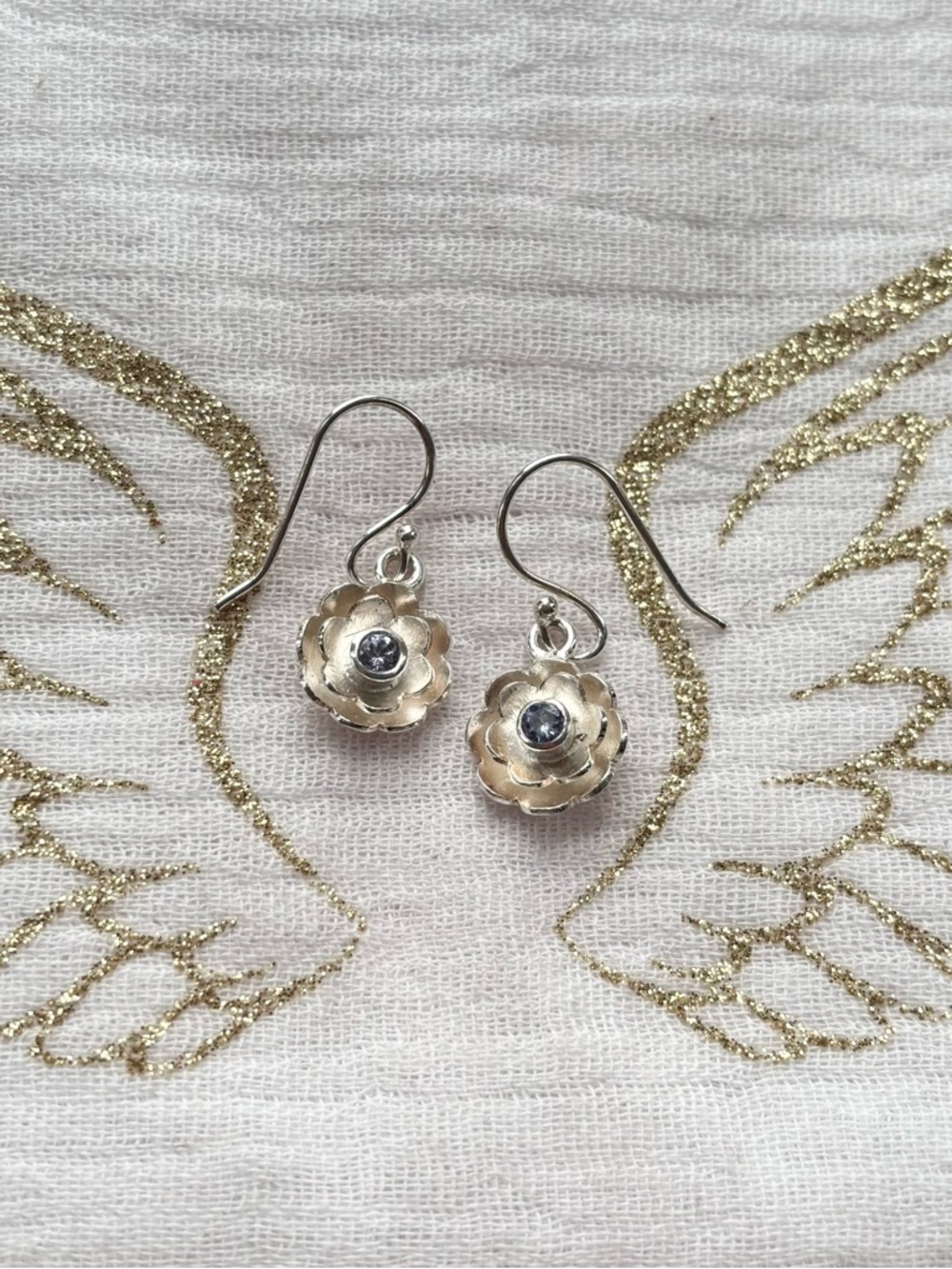 Dainty Sterling Silver Floral Drop Earrings with Tanzanite Gemstones